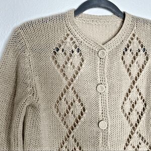 Vtg 80s open knit work cardigan sweater brown‎ long sleeve button small medium